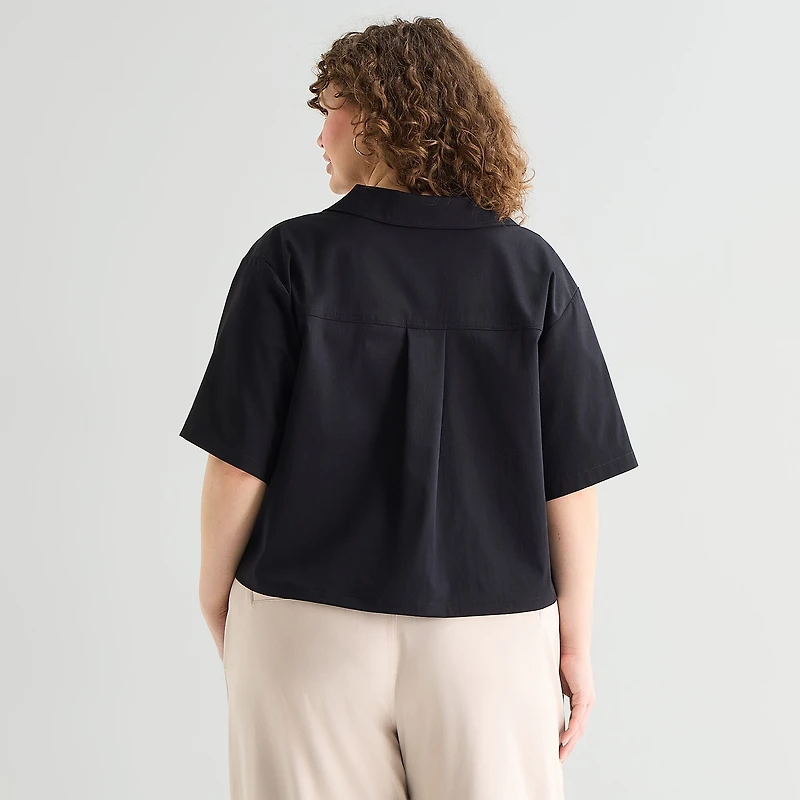 Stylus Womens Plus V Neck Short Sleeve Camp Shirt