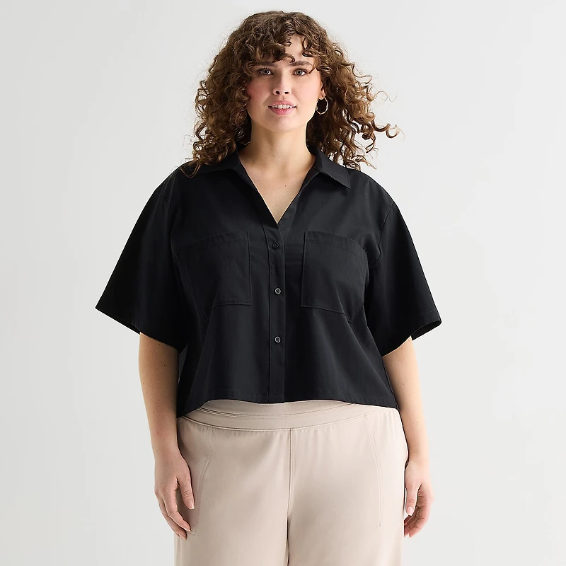 Stylus Womens Plus V Neck Short Sleeve Camp Shirt