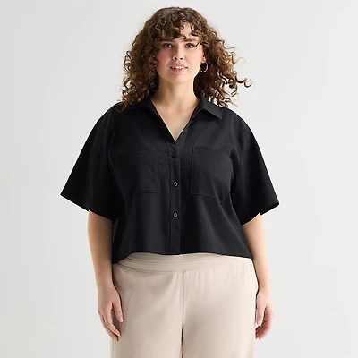 Stylus Womens Plus V Neck Short Sleeve Camp Shirt