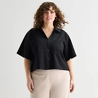 Stylus Womens Plus V Neck Short Sleeve Camp Shirt