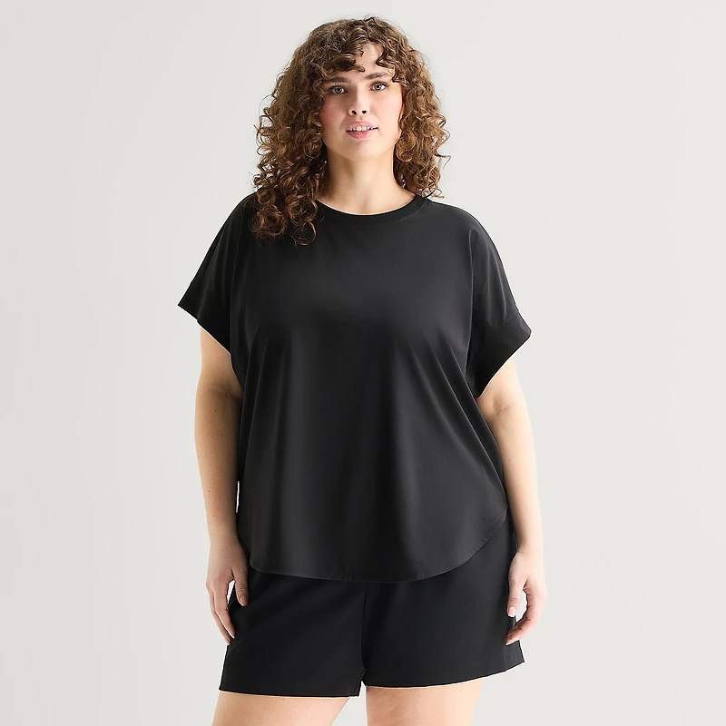 Stylus Woven Dolman Tee Womens Plus Crew Neck Short Sleeve T-Shirt
