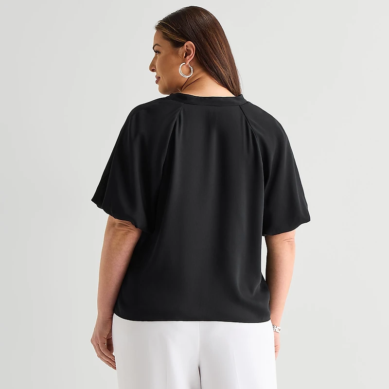 Liz Claiborne Womens Plus V Neck Short Sleeve Satin Blouse