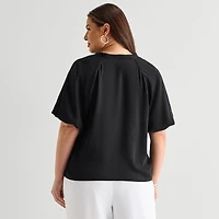 Liz Claiborne Womens Plus V Neck Short Sleeve Satin Blouse