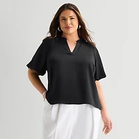 Liz Claiborne Womens Plus V Neck Short Sleeve Satin Blouse