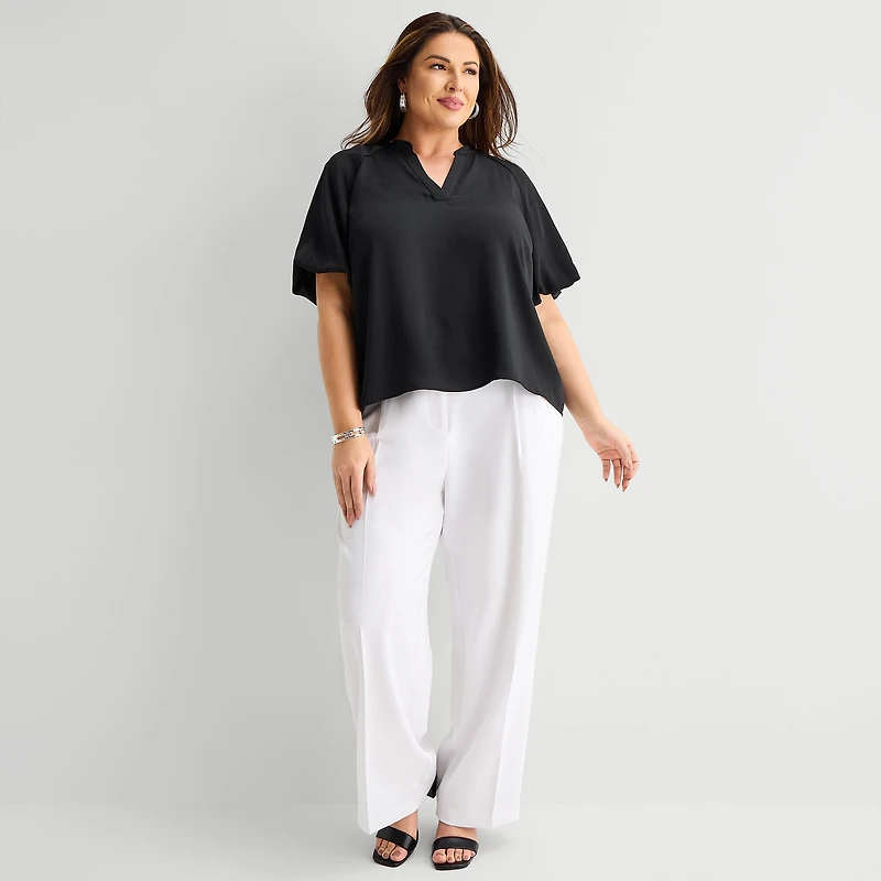 Liz Claiborne Womens Plus V Neck Short Sleeve Satin Blouse