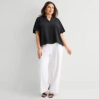 Liz Claiborne Womens Plus V Neck Short Sleeve Satin Blouse