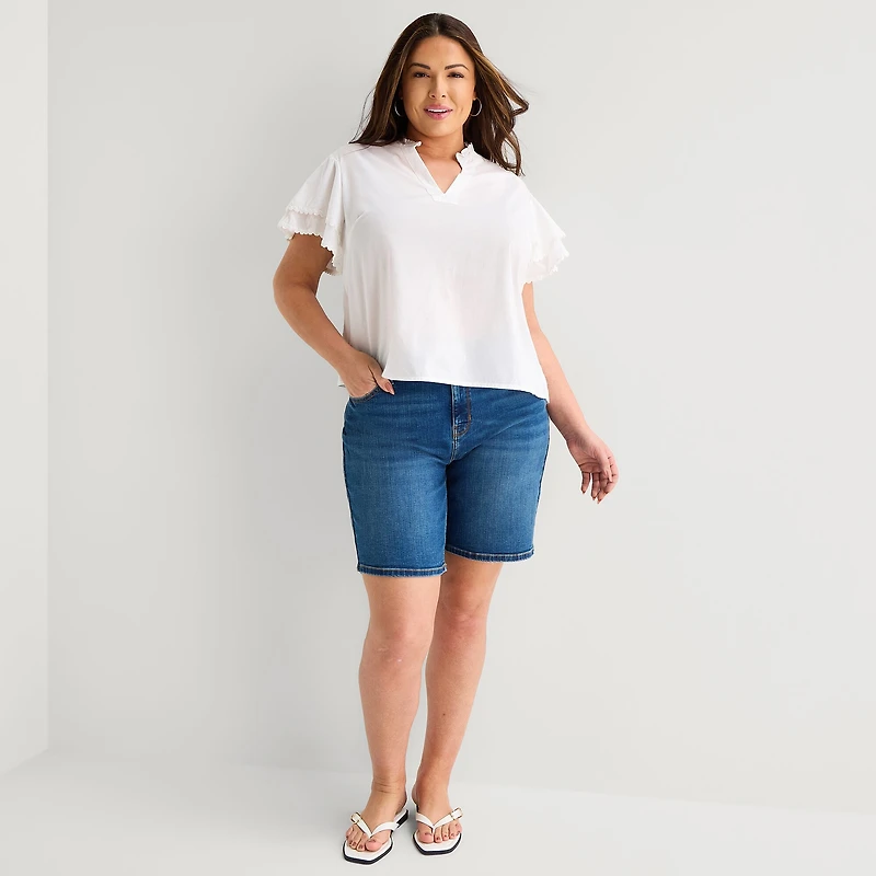 Liz Claiborne Womens Plus V Neck Short Sleeve Blouse