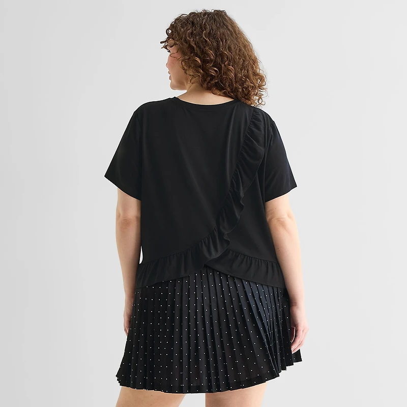Xersion Ruffle Womens Crew Neck Short Sleeve Active Plus T-Shirt