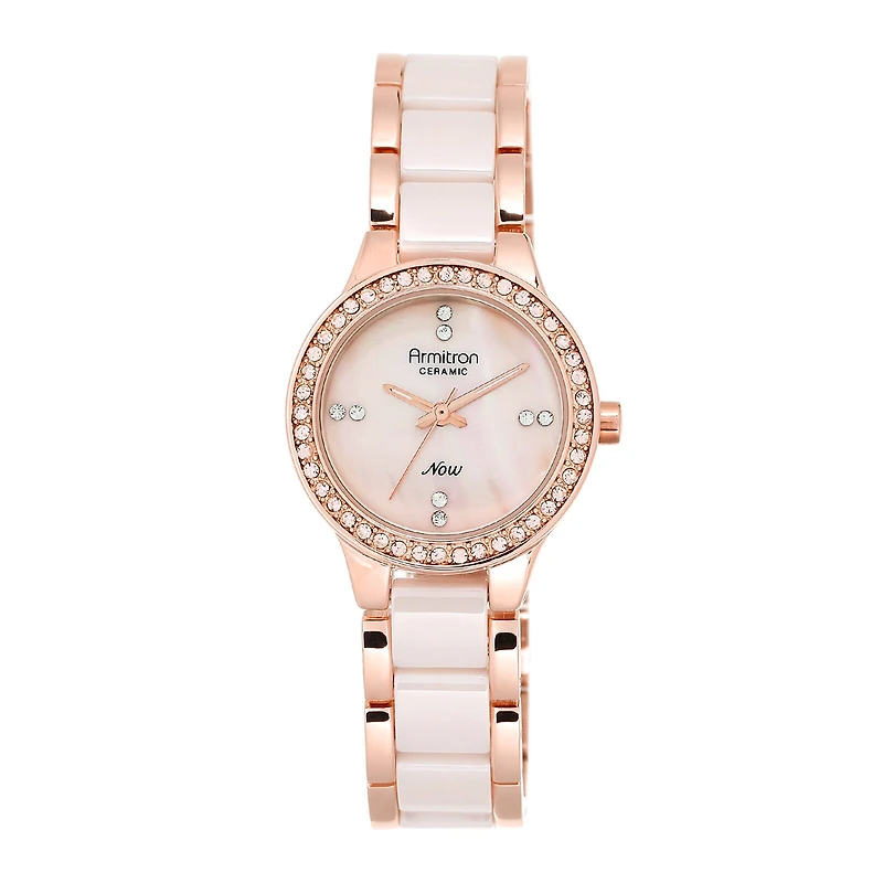 Armitron® Now® Womens Crystal-Accent Pink Ceramic/Rose-Tone Bracelet Watch