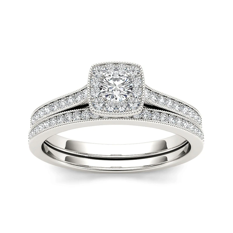 1/2 CT.T.W. Natural Diamond 10K White Gold Halo Bridal Ring Set