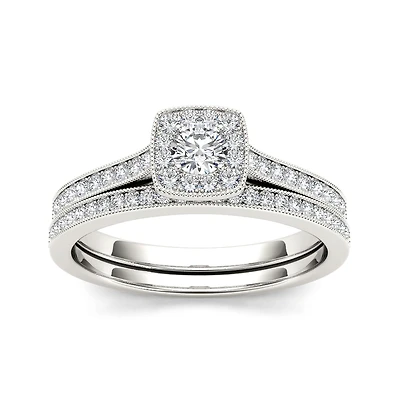 1/2 CT.T.W. Natural Diamond 10K White Gold Halo Bridal Ring Set