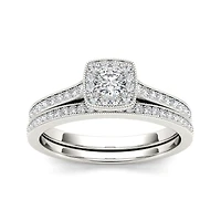 1/2 CT.T.W. Natural Diamond 10K White Gold Halo Bridal Ring Set