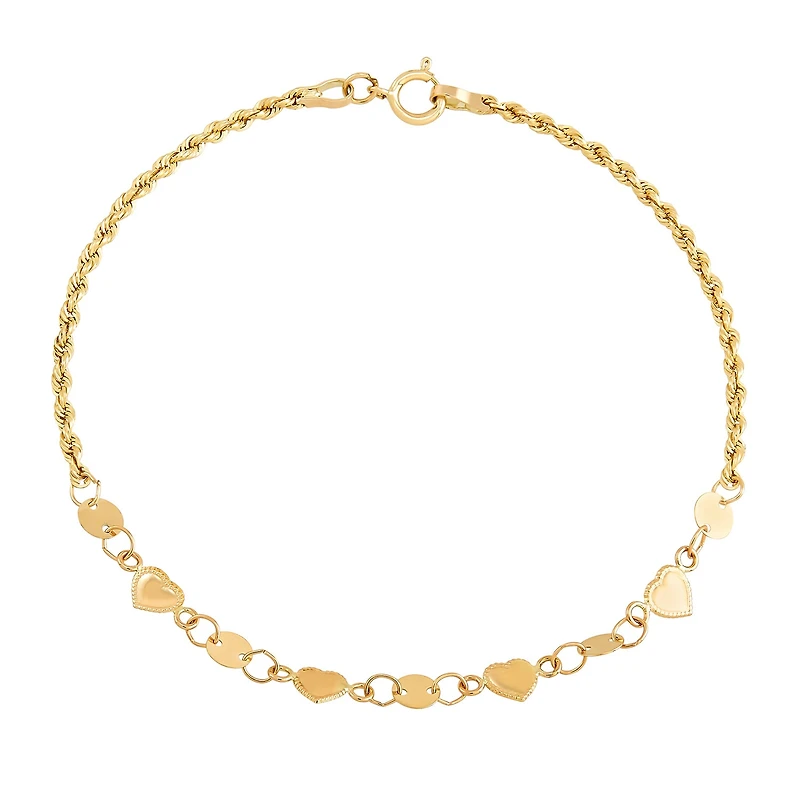 Womens 14K Gold Hollow Heart 7 Inch Link Bracelet