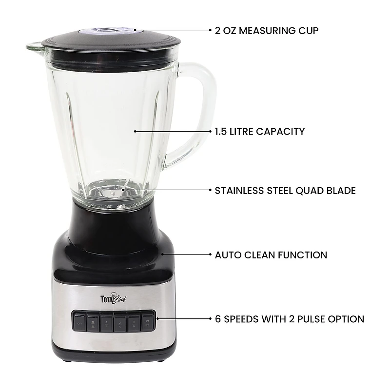 Total Chef 6-Speed Countertop Blender with Glass Jar- 6-cup- 500 Watts