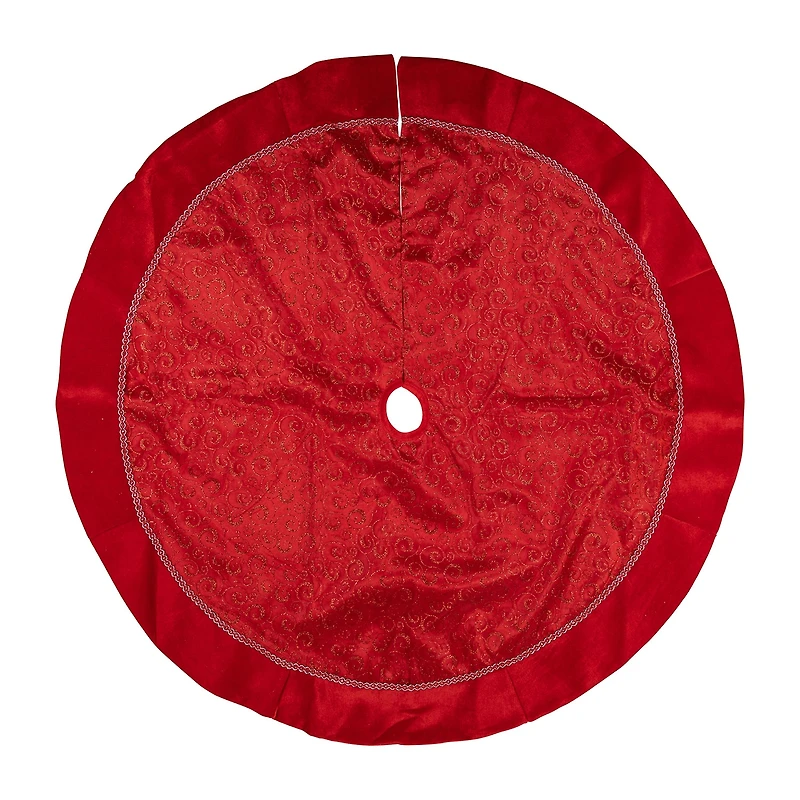 48'' Red Glittered Swirl Sheer Organza Christmas Tree Skirt with Velvet Trim