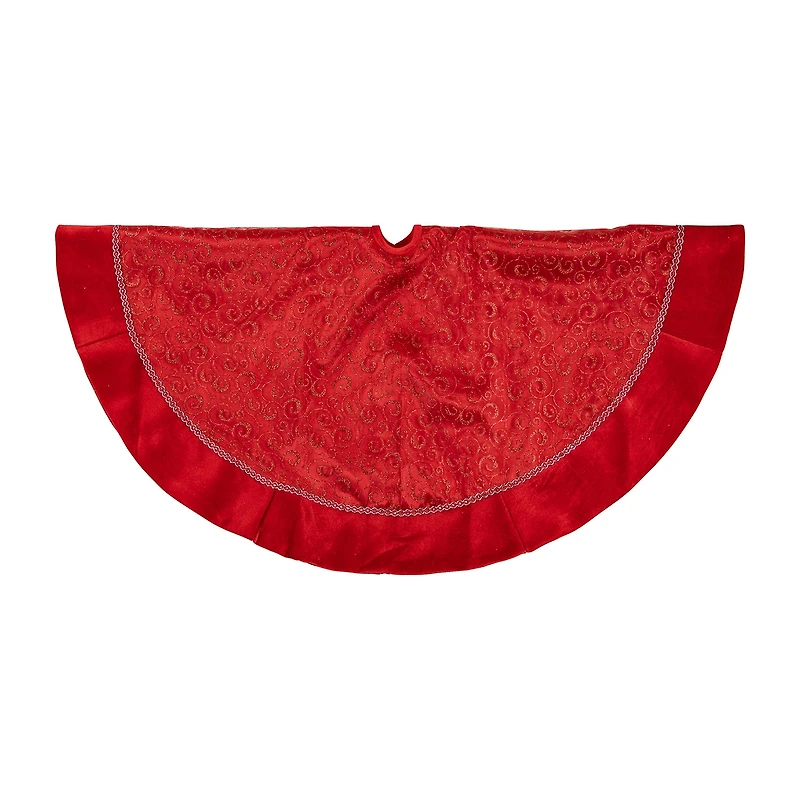 48'' Red Glittered Swirl Sheer Organza Christmas Tree Skirt with Velvet Trim