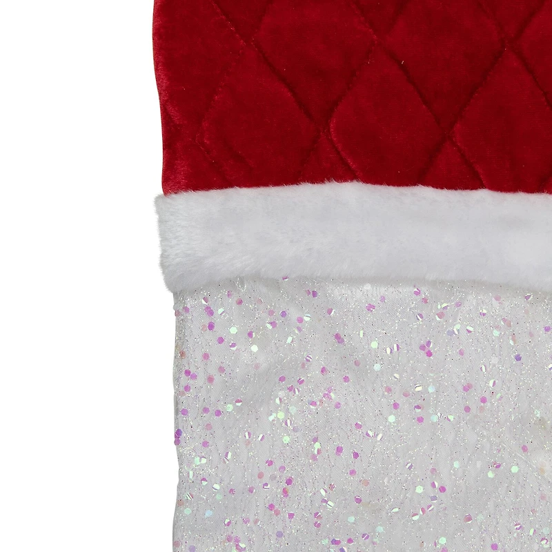 Northlight 22.25in Led Lighted White Iridescent Glittered With Red Cuff Christmas Stocking