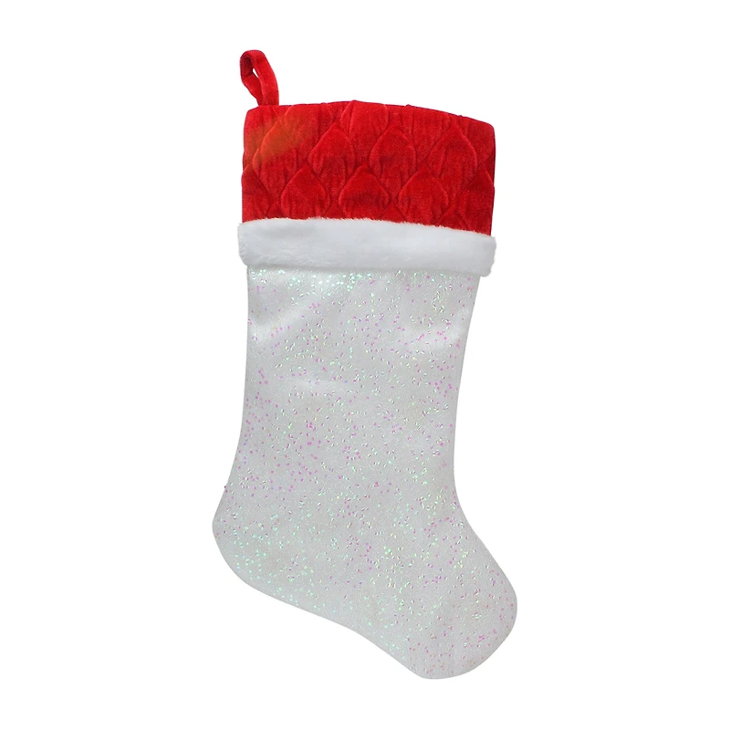 Northlight 22.25in Led Lighted White Iridescent Glittered With Red Cuff Christmas Stocking