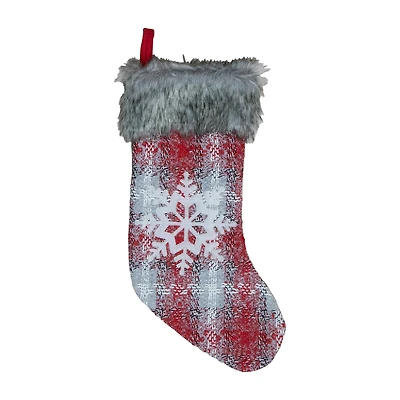 Northlight 18-Inch Red And White Plaid Faux Fur With Snowflake Christmas Stocking