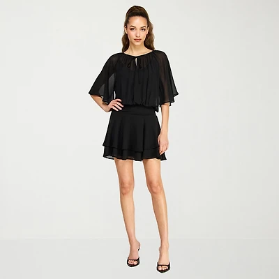 belle vie Womens Split Tie Neck Short Sleeve Blouson Dress