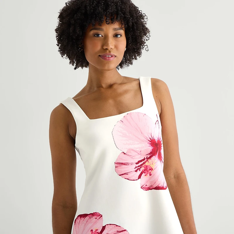 Radiante Couture Womens Juniors Square Neck Sleeveless Floral A-Line Dress