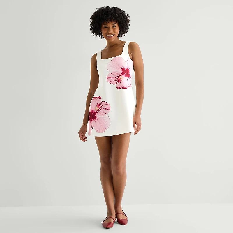 Radiante Couture Womens Juniors Square Neck Sleeveless Floral A-Line Dress
