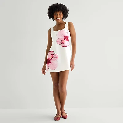 Radiante Couture Womens Juniors Square Neck Sleeveless Floral A-Line Dress
