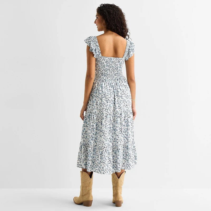 Arizona Womens Juniors Midi Square Neck Sleeveless Peasant Dress