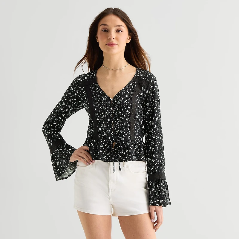 Arizona Womens Juniors Round Neck Long Sleeve Blouse
