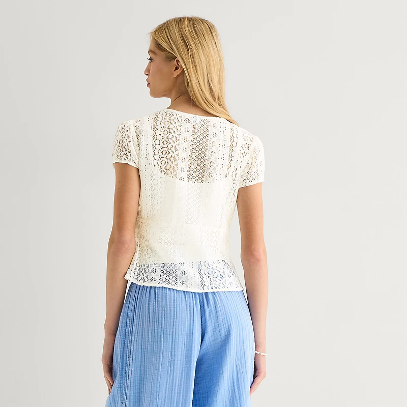 Arizona Womens Juniors V Neck Short Sleeve Lace Blouse