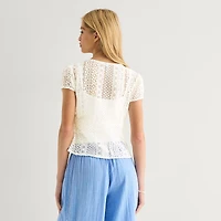 Arizona Womens Juniors V Neck Short Sleeve Lace Blouse
