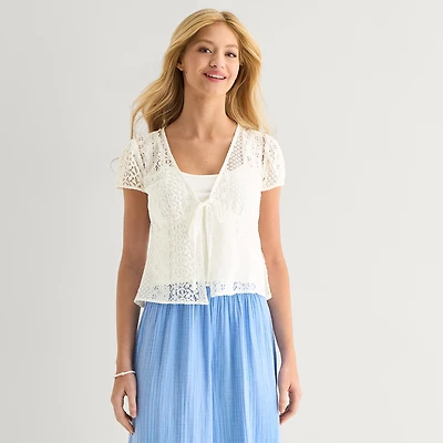 Arizona Womens Juniors V Neck Short Sleeve Lace Blouse