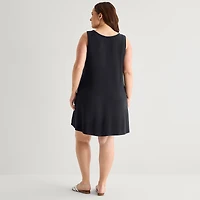 St. John's Bay Womens Plus V Neck Sleeveless Floral A-Line Dress