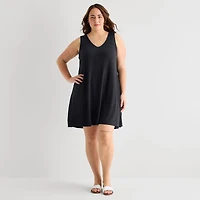 St. John's Bay Womens Plus V Neck Sleeveless Floral A-Line Dress