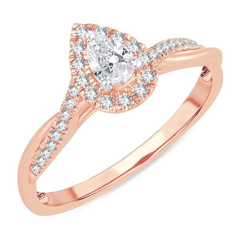 Womens 1/ CT. T.W. Natural White Diamond 10K Gold Pear Side Stone Halo Engagement Ring