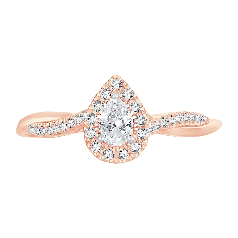 Womens 1/ CT. T.W. Natural White Diamond 10K Gold Pear Side Stone Halo Engagement Ring