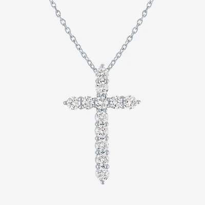 Cross (G-H / Si2-I1) Womens 1 CT. T.W. Lab Grown White Diamond Pure Silver Over Brass Cross 18 Inch Pendant Necklace