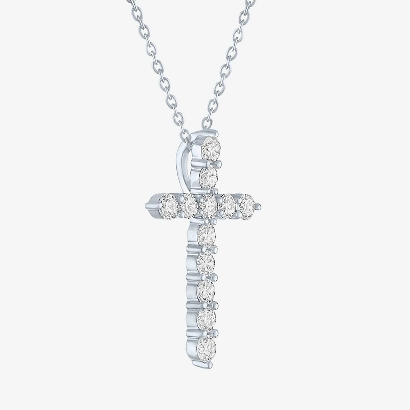 Cross (G-H / Si2-I1) Womens 1 CT. T.W. Lab Grown White Diamond Pure Silver Over Brass Cross 18 Inch Pendant Necklace