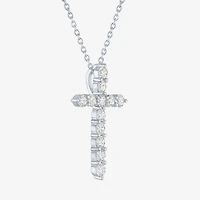Cross (G-H / Si2-I1) Womens 1 CT. T.W. Lab Grown White Diamond Pure Silver Over Brass Cross 18 Inch Pendant Necklace