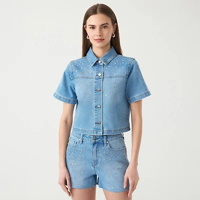 RM Rebecca Minkoff Womens Embellished Button Front Shirt