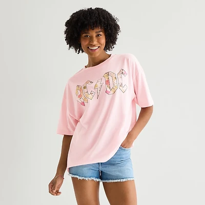 New World Womens Juniors Crew Neck Short Sleeve Oversized AC/DC Graphic T-Shirt
