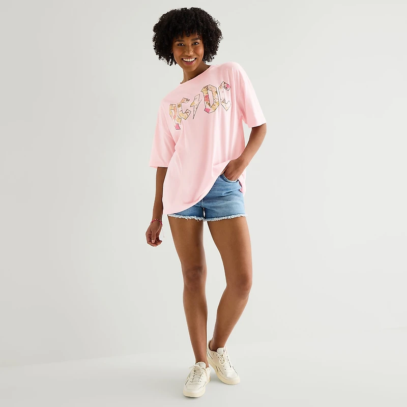 New World Womens Juniors Crew Neck Short Sleeve Oversized AC/DC Graphic T-Shirt