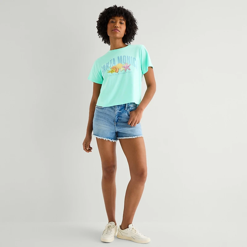 New World Santa Monica Baby Womens Juniors Crew Neck Short Sleeve Classic Fit Graphic T-Shirt