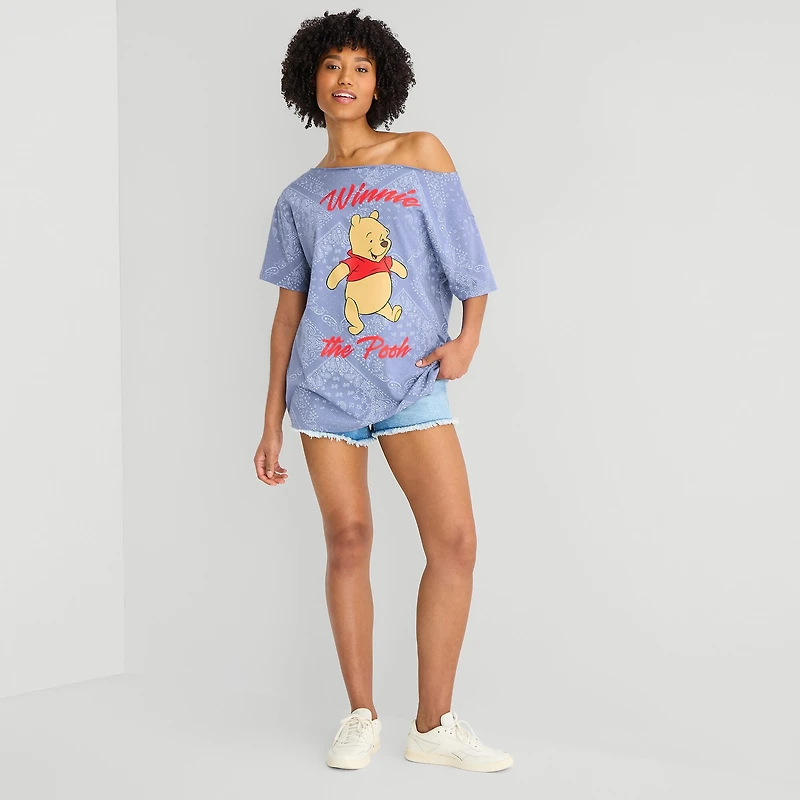 Grayson Threads, The Label Womens Juniors Asymmetrical Neck Short Sleeve Oversized Winnie Pooh Graphic T-Shirt