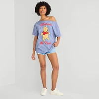 Grayson Threads, The Label Womens Juniors Asymmetrical Neck Short Sleeve Oversized Winnie Pooh Graphic T-Shirt