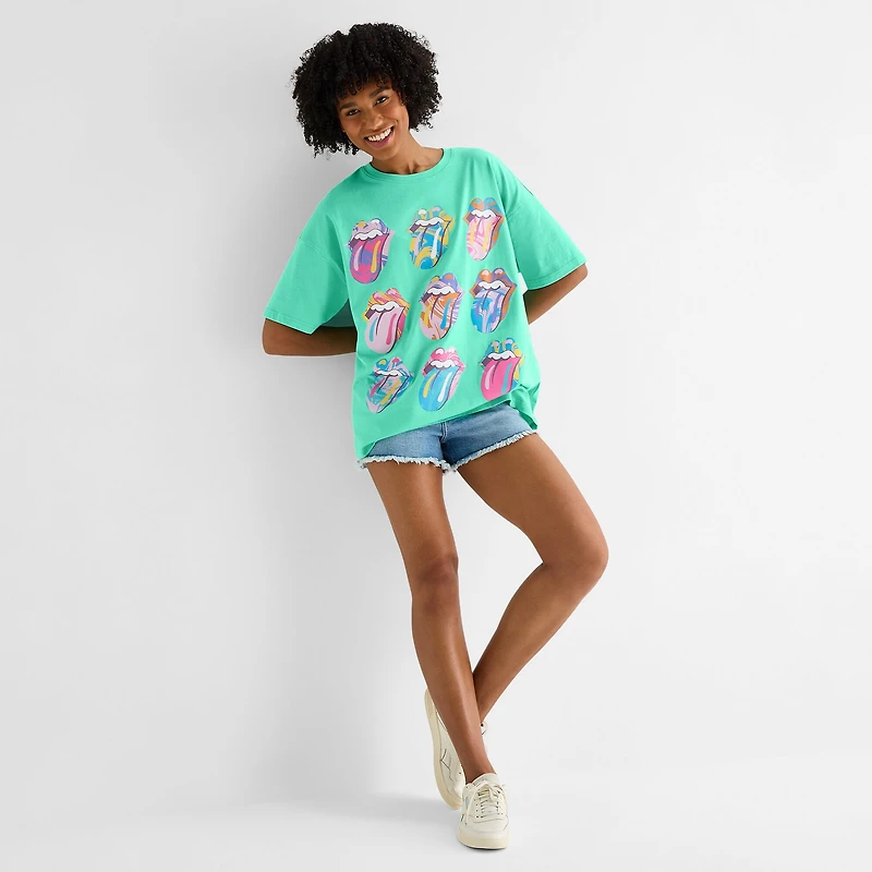 Rolling Stones Oversized Tee Womens Juniors Crew Neck Short Sleeve Regular Fit Graphic T-Shirt