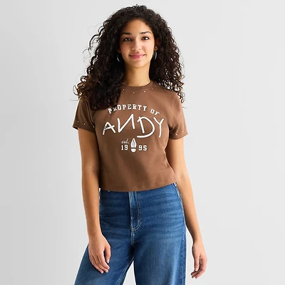 Andy Studded Baby Tee Womens Juniors Crew Neck Short Sleeve Regular Fit Toy Story Graphic T-Shirt