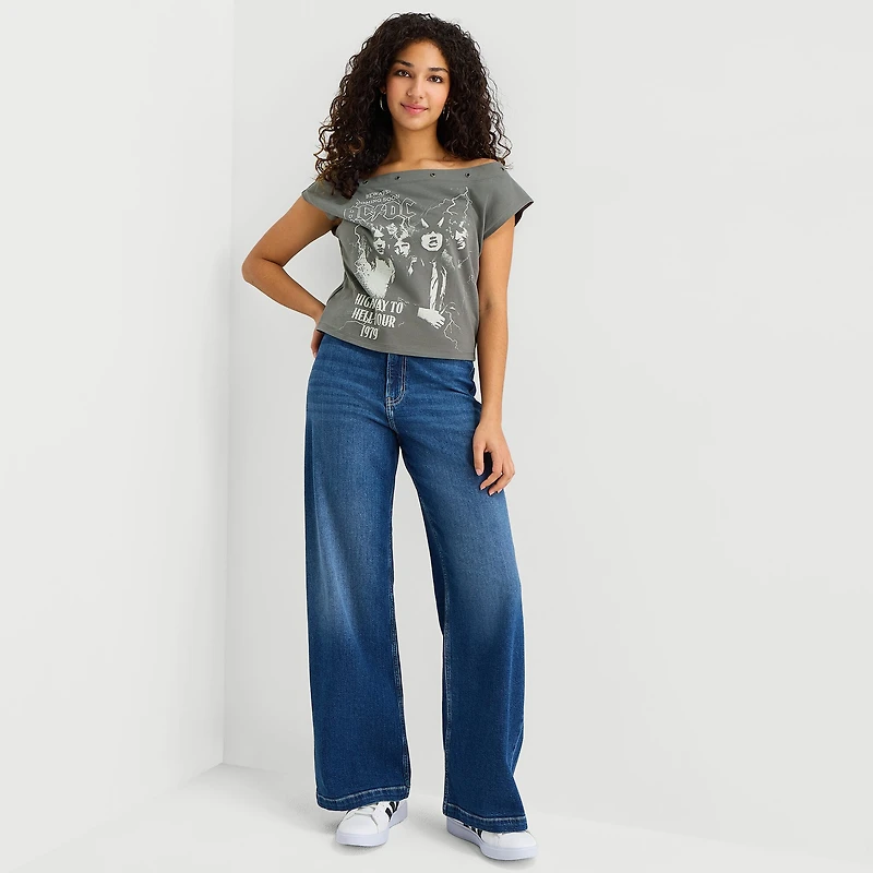 Acdc Off The Shoulder Tee Womens Juniors Crew Neck Short Sleeve Regular Fit AC/DC Graphic T-Shirt