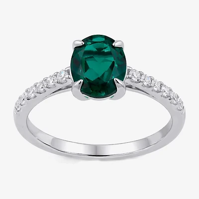 (I/I2) Womens 1/4 CT. T.W. Lab Created Green Emerald Sterling Silver Oval Side Stone Cocktail Ring