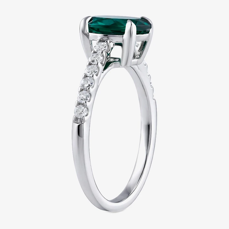 (I/I2) Womens 1/4 CT. T.W. Lab Created Green Emerald Sterling Silver Oval Side Stone Cocktail Ring